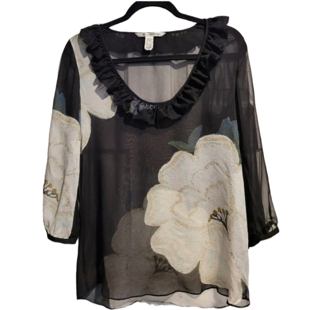 Diane von Furstenberg Silk Blouse Floral Black Size 10 Sheer Top 3/4 Sleeve DVF